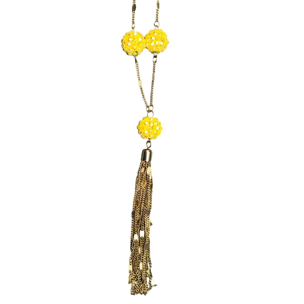 Vintage Gold Tone Yellow Disco‎ Ball Pendant Necklace Tassel Chain Extender